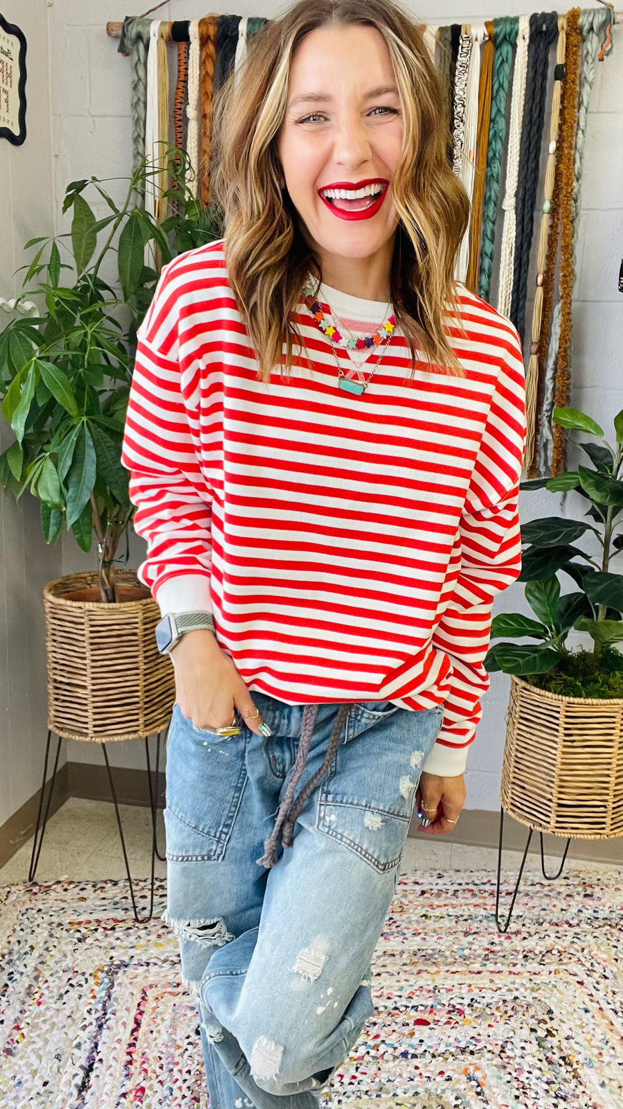 Ellie Red & Cream Striped Pullover