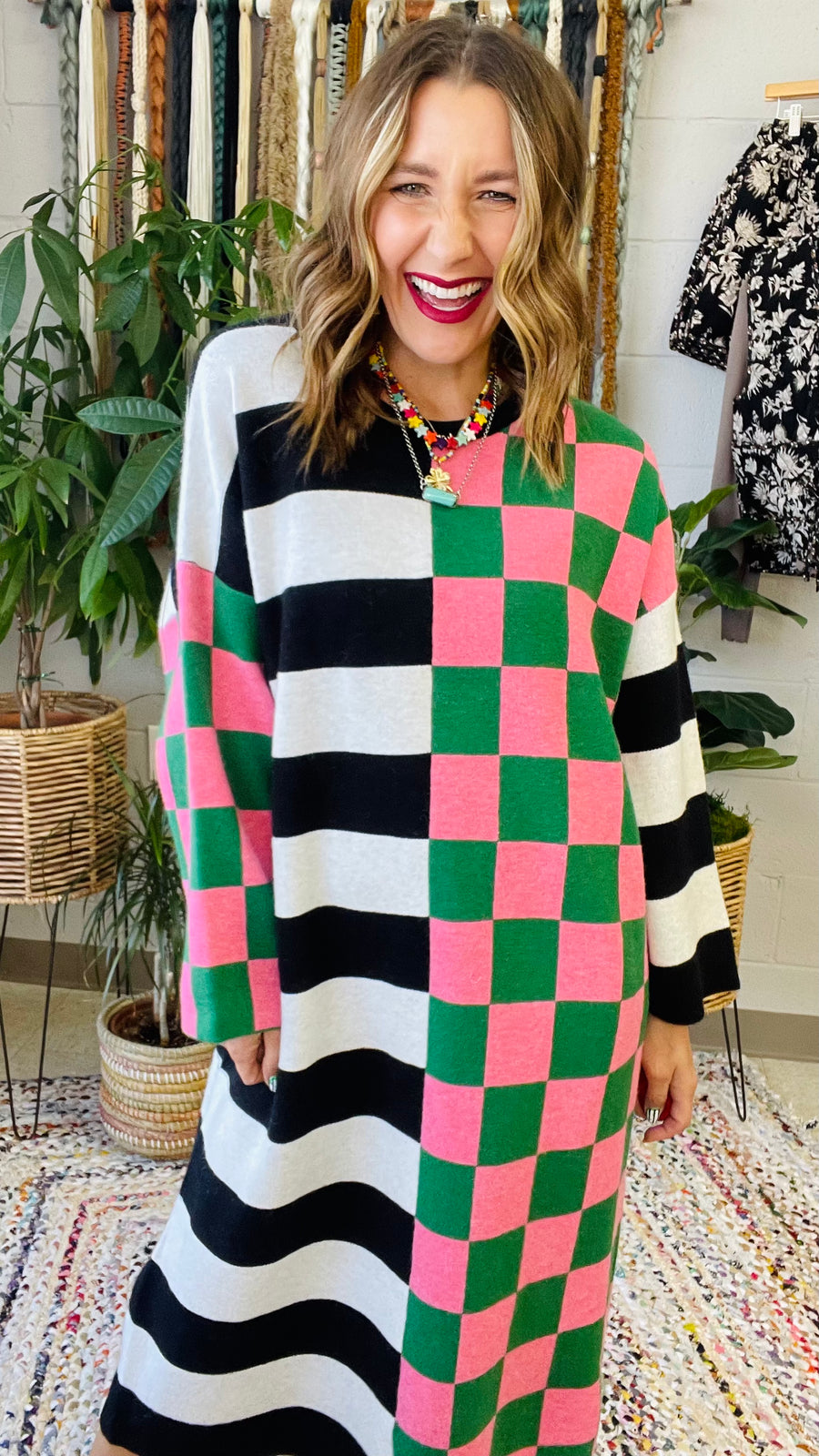 Multicolor Checkered and Stripe Oversized Dress