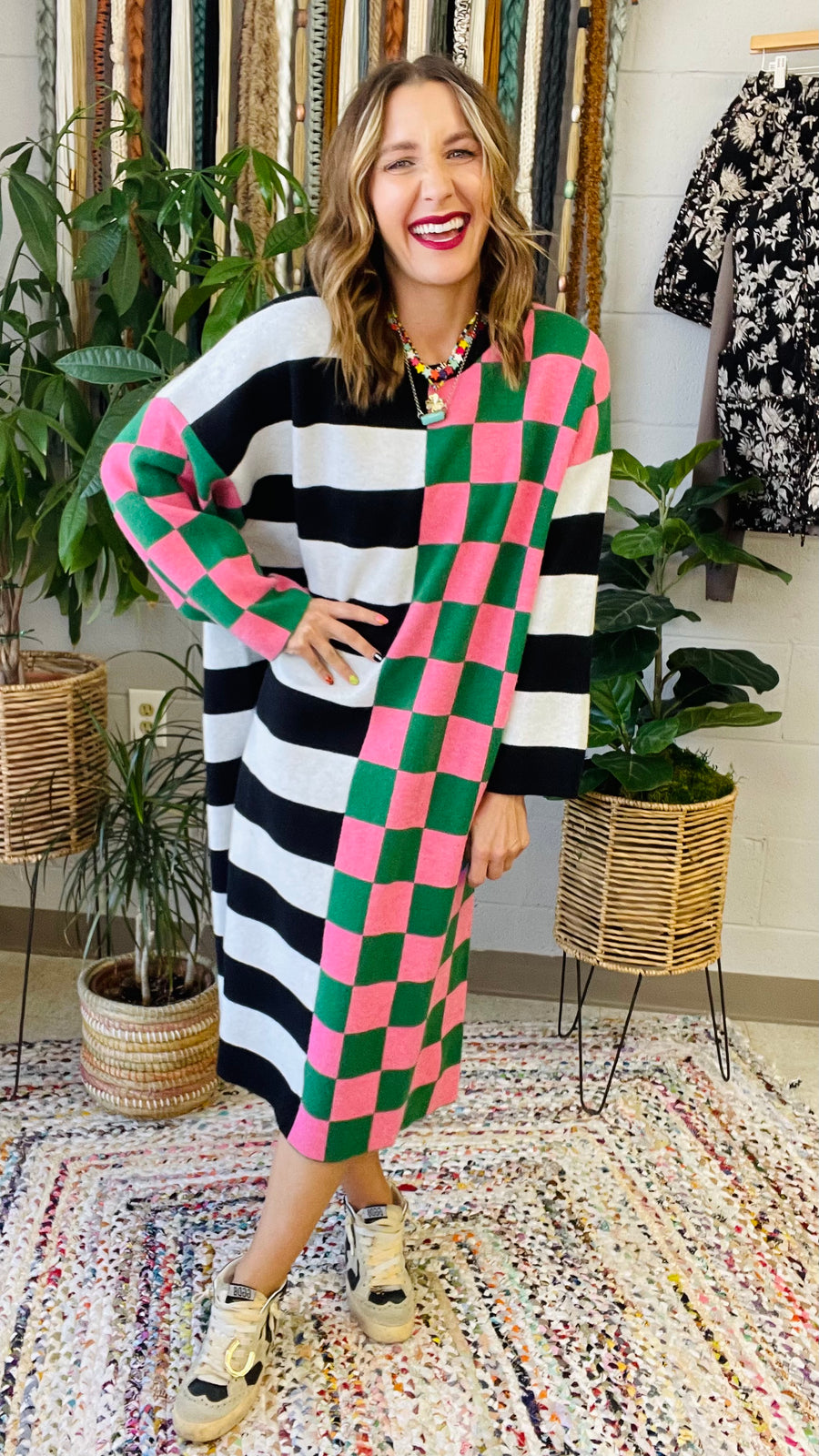 Multicolor Checkered and Stripe Oversized Dress