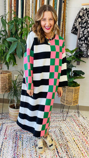 Multicolor Checkered and Stripe Oversized Dress