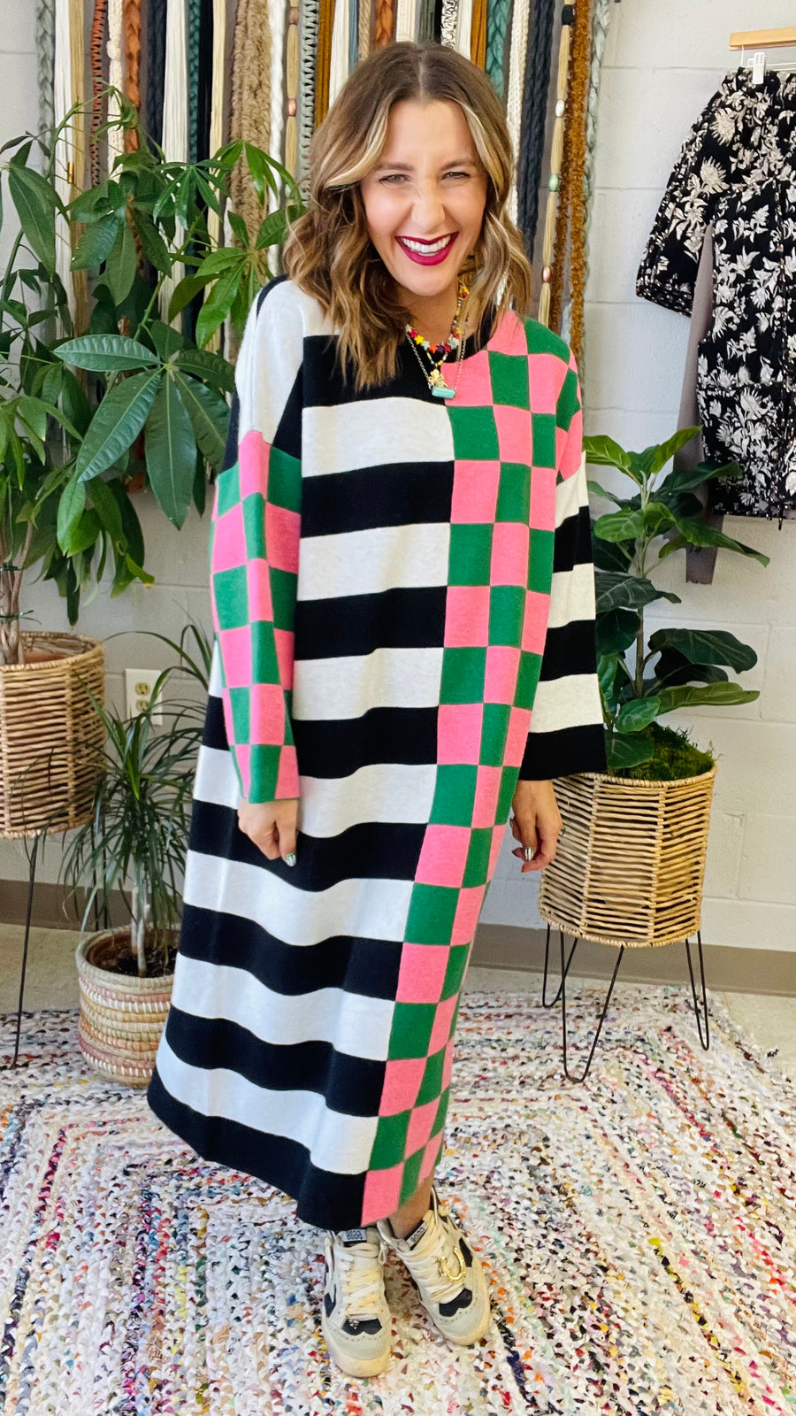 Multicolor Checkered and Stripe Oversized Dress