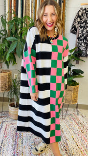 Multicolor Checkered and Stripe Oversized Dress