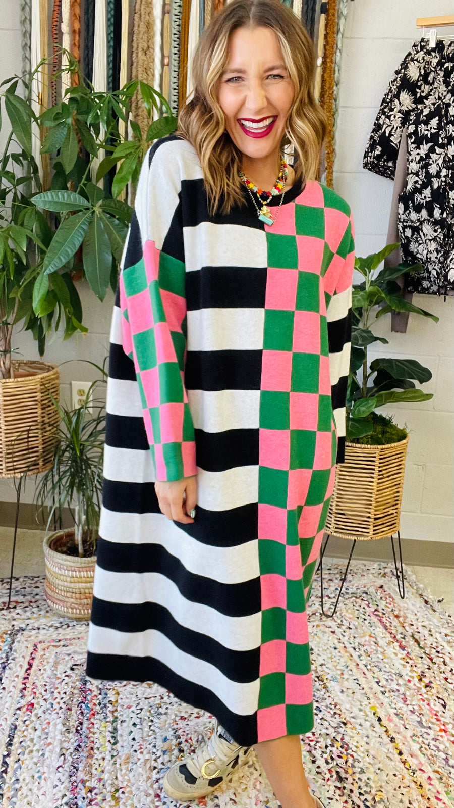 Multicolor Checkered and Stripe Oversized Dress