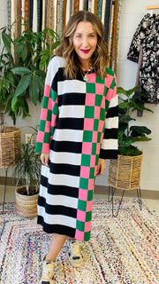 Multicolor Checkered and Stripe Oversized Dress