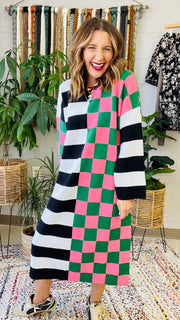 Multicolor Checkered and Stripe Oversized Dress