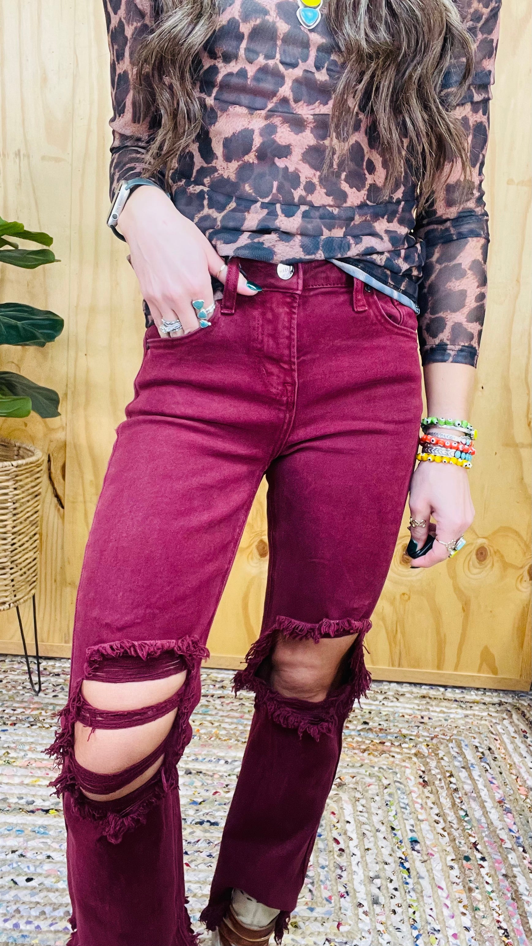 Maroon sale ripped jeans