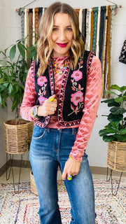 Look at us Now Floral Embroidered Cropped Vest- Black