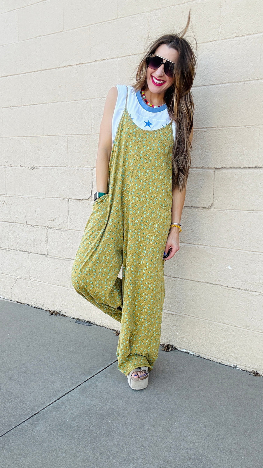 Floral Breeze Cotton Jersey Jumpsuit - Kiwi