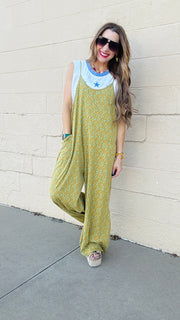 Floral Breeze Cotton Jersey Jumpsuit - Kiwi