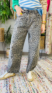 Wild Child Leopard Print Barrel Leg Pants