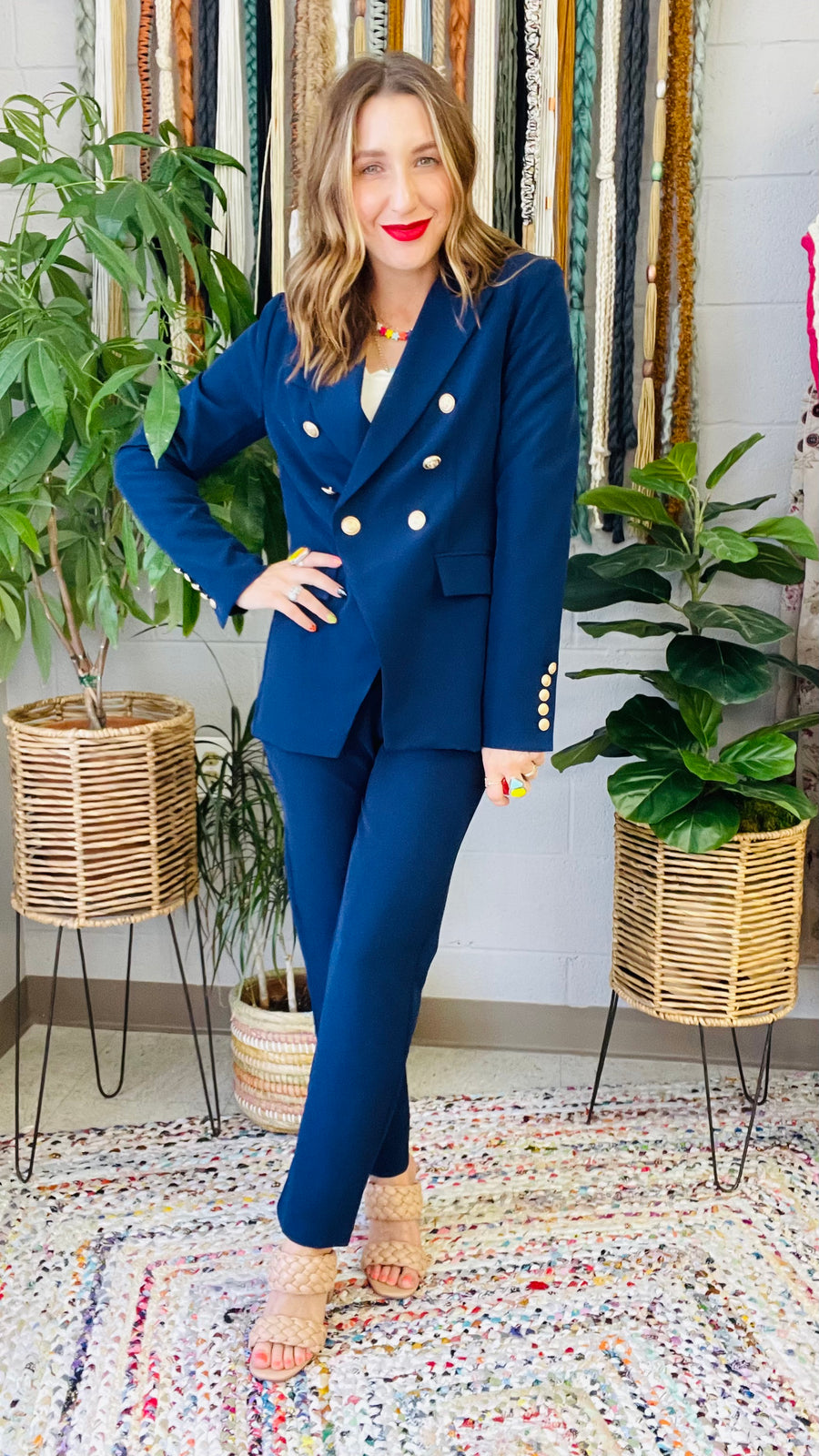 Boss Babe Gold Coin Button Blazer- Navy