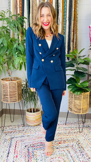 Boss Babe Gold Coin Button Blazer- Navy