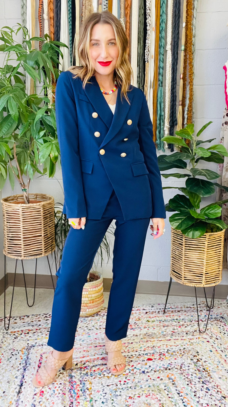 Boss Babe Gold Coin Button Blazer- Navy