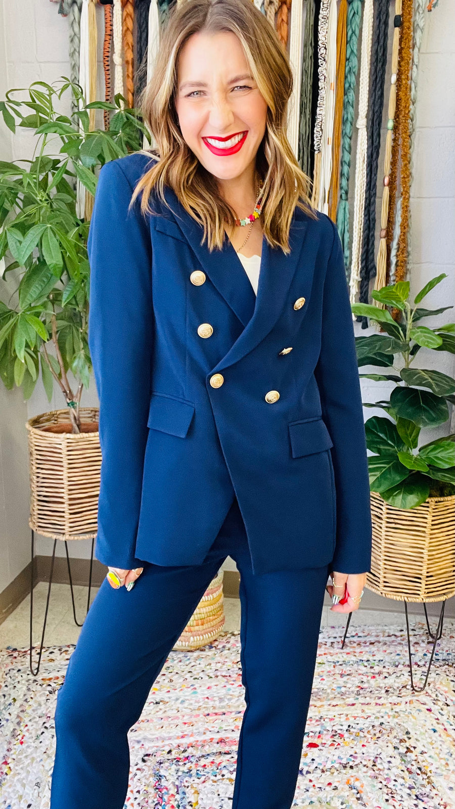 Boss Babe Gold Coin Button Blazer- Navy