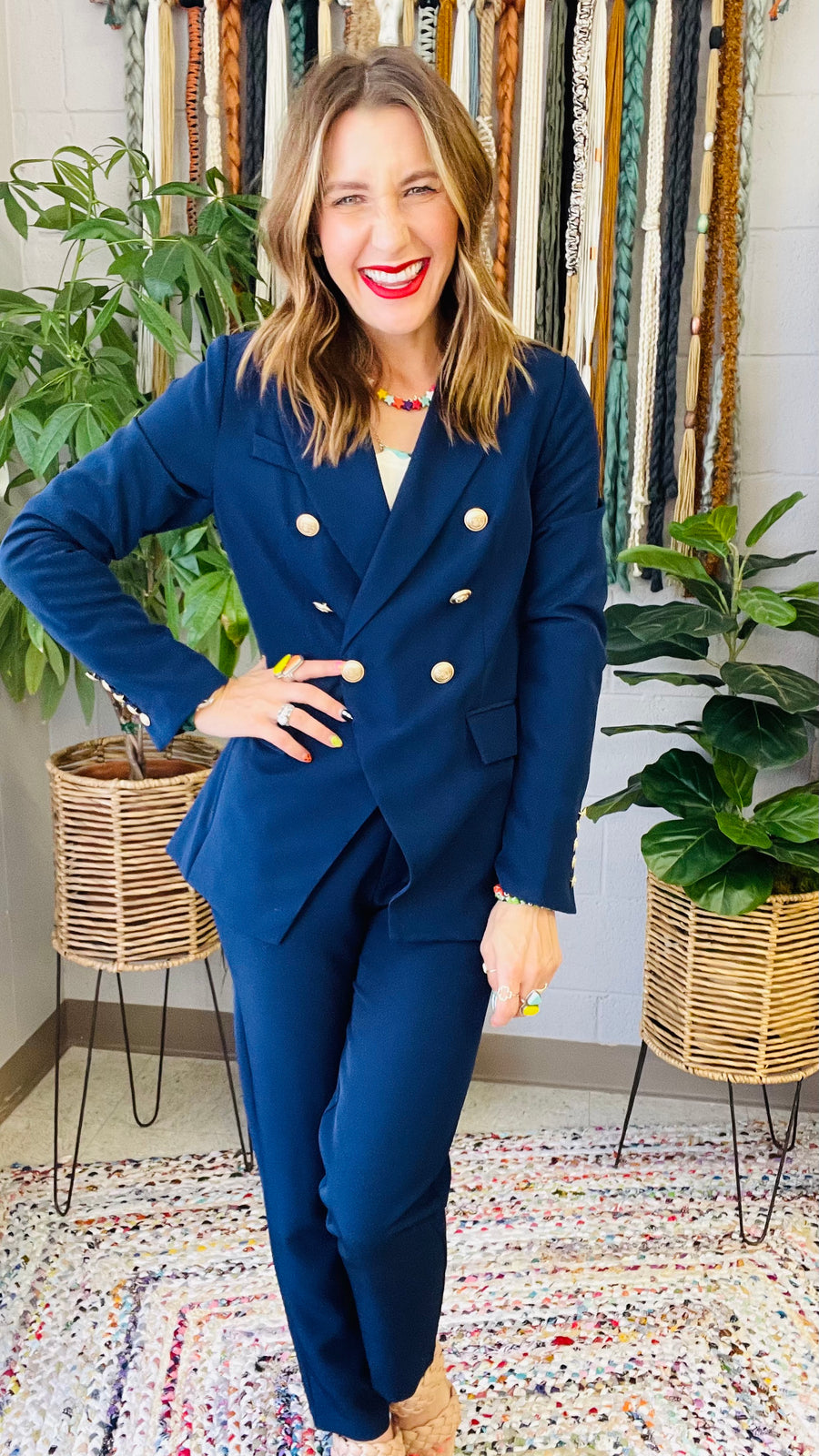 Boss Babe Gold Coin Button Blazer- Navy