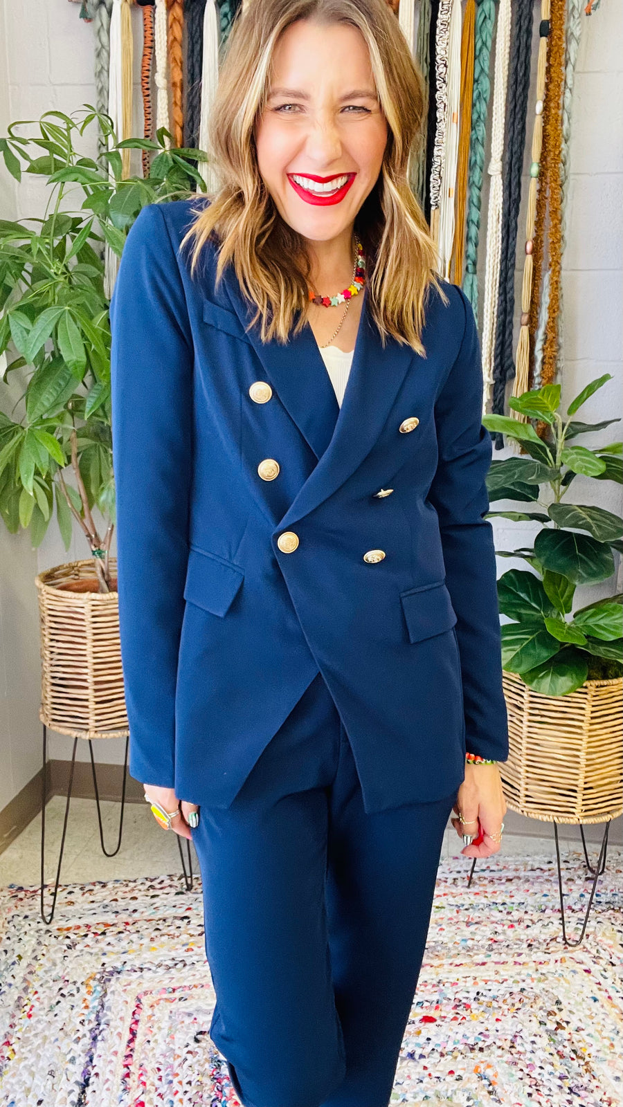 Boss Babe Gold Coin Button Blazer- Navy