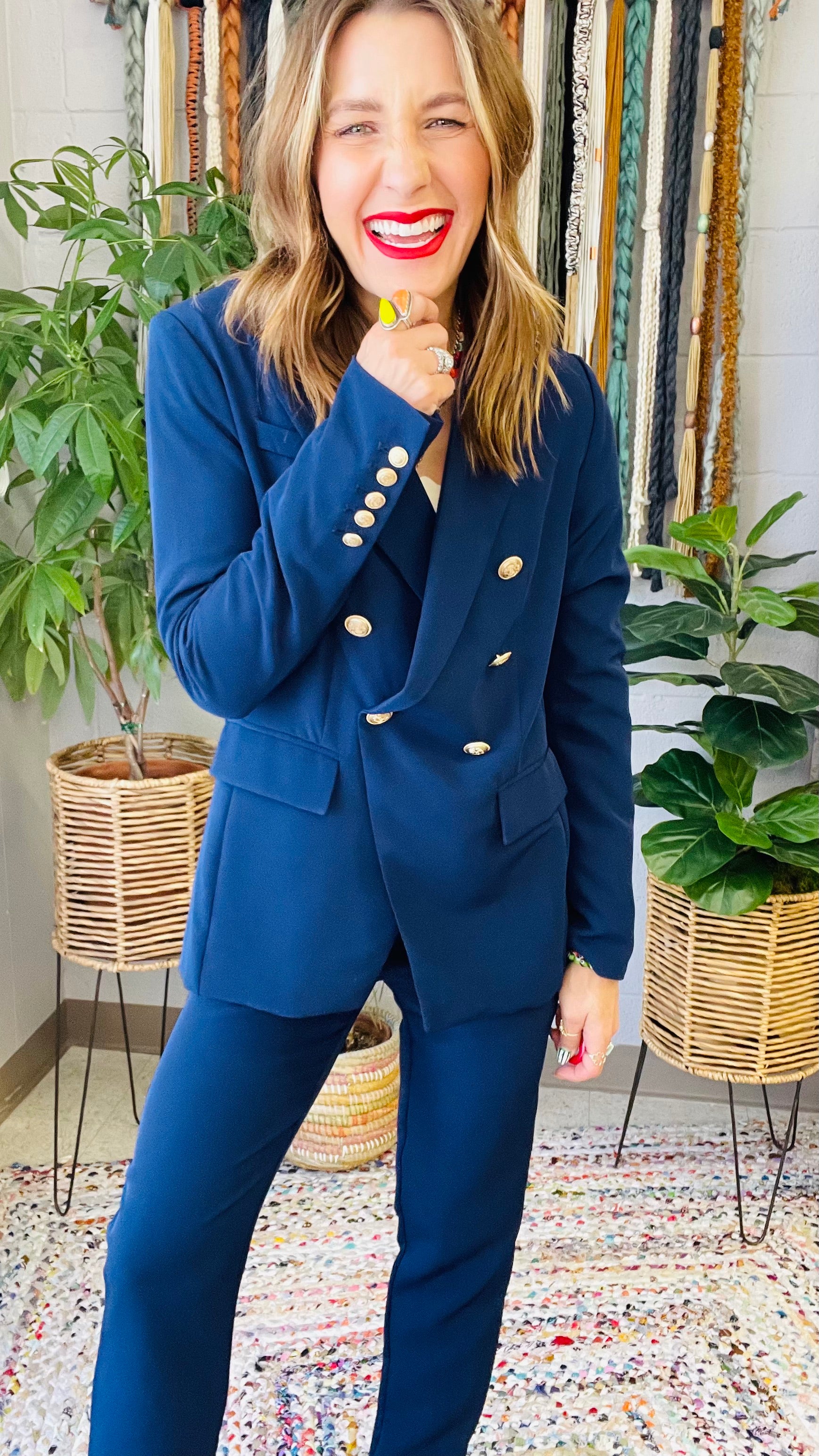 Boss Babe Gold Coin Button Blazer- Navy