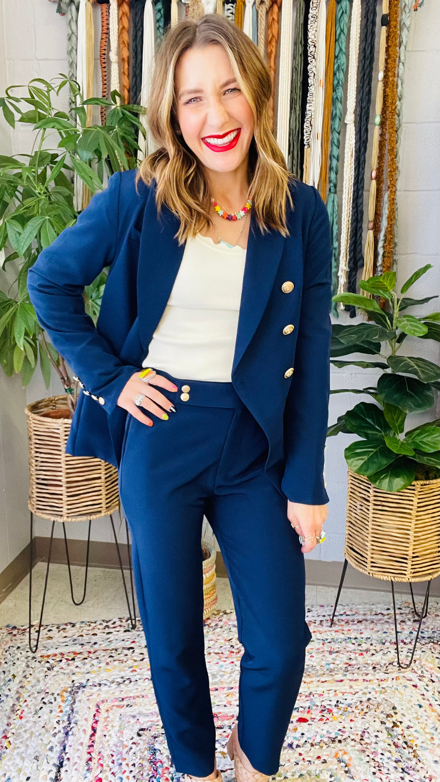 Boss Babe Gold Coin Button Blazer- Navy