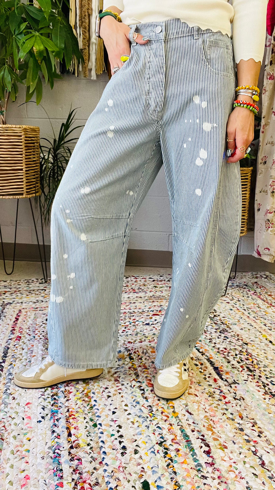 Pinstripe Penny Barrel Leg Pants