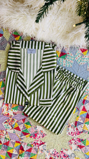 White & Green Striped Silk PJ Set