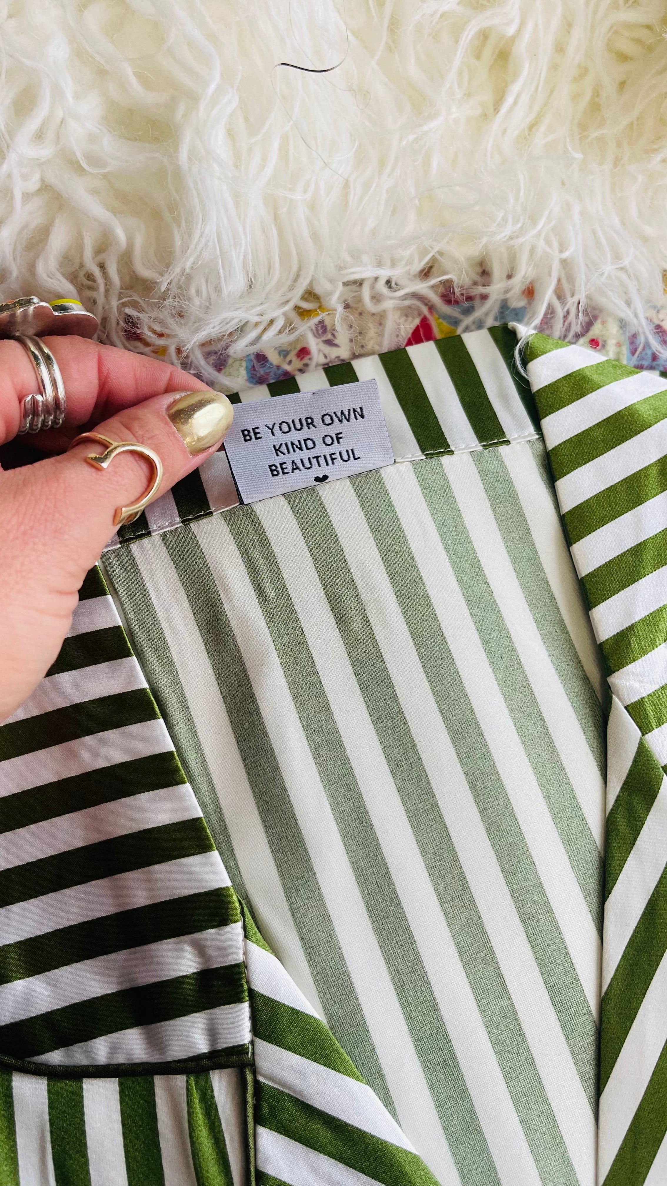 White & Green Striped Silk PJ Set