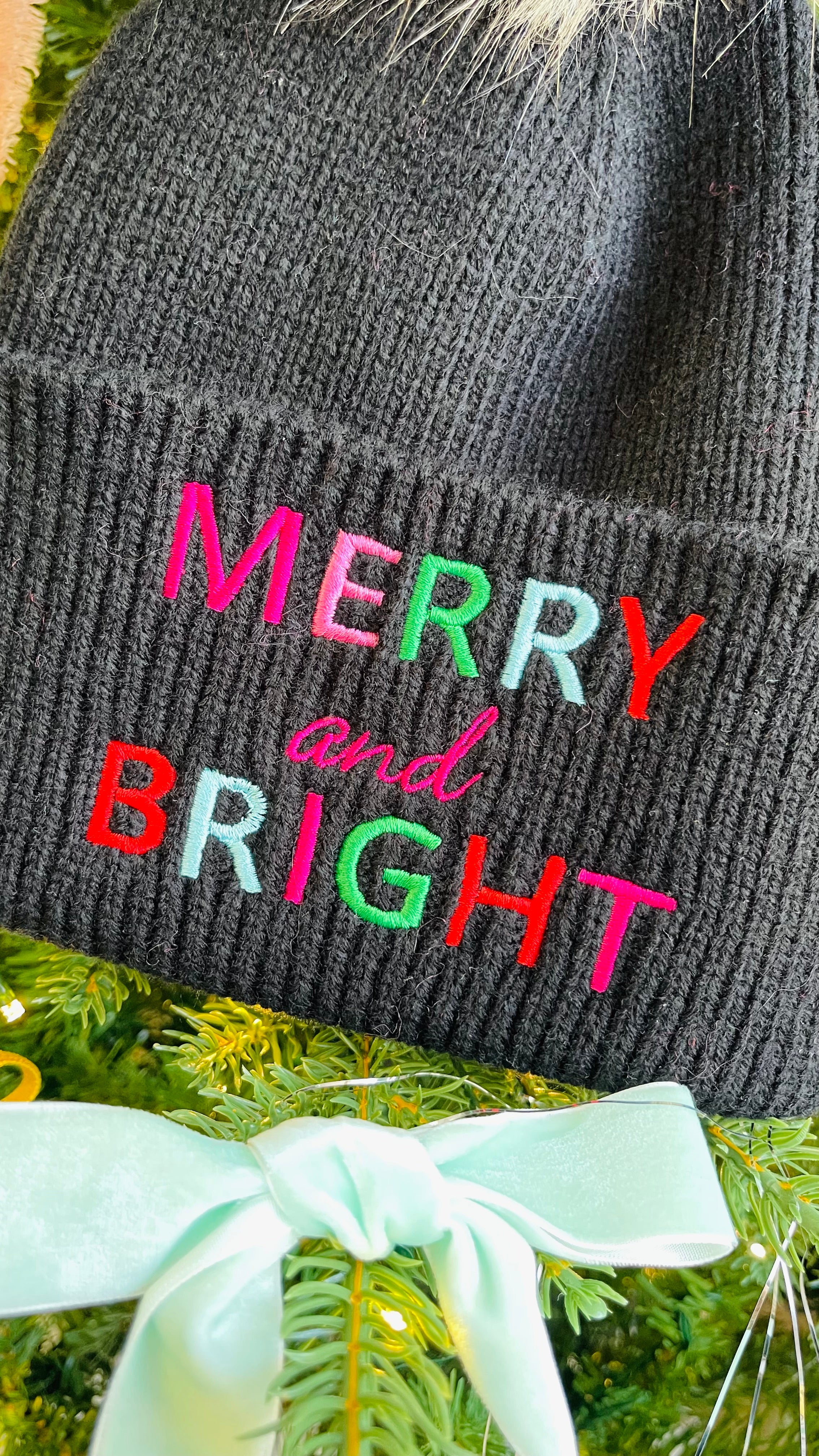 Merry & Bright Black Pom Pom Beanie