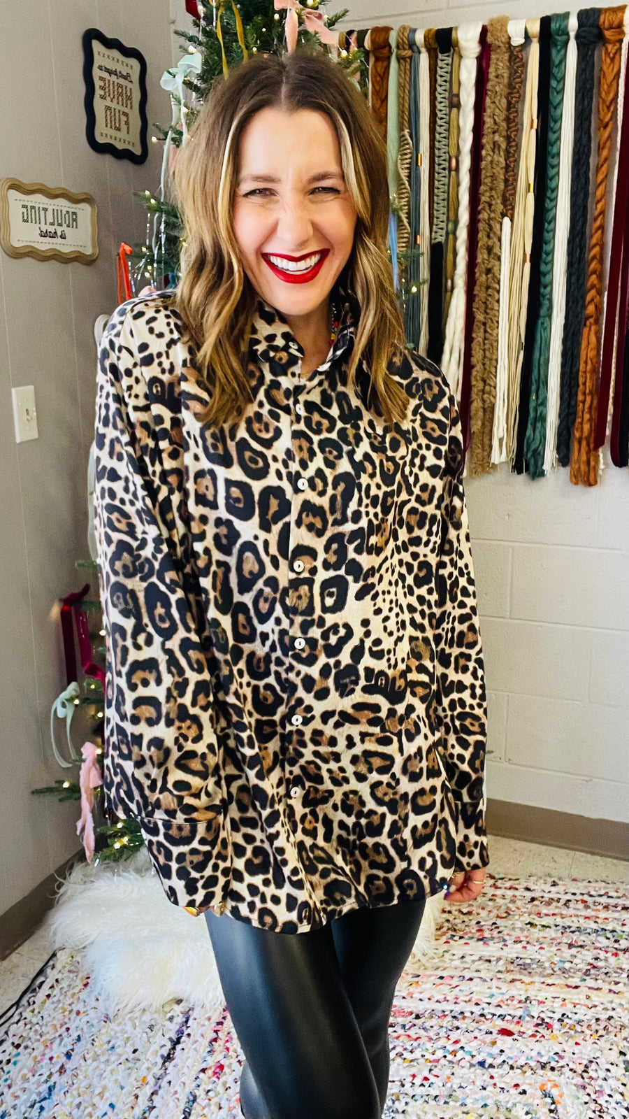 Satin Leopard Print Button-Down Blouse