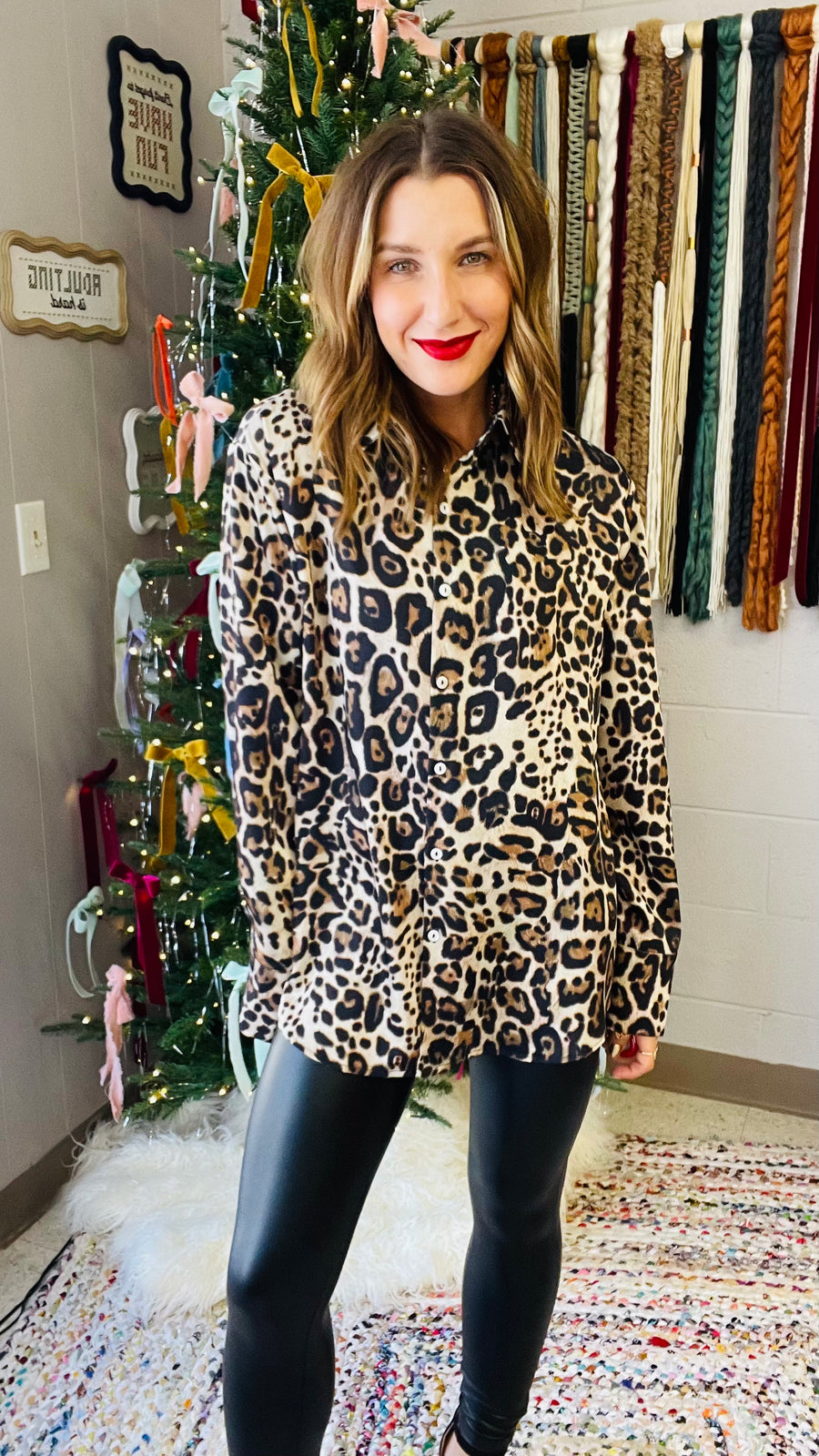 Satin Leopard Print Button-Down Blouse