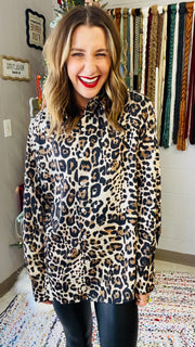 Satin Leopard Print Button-Down Blouse