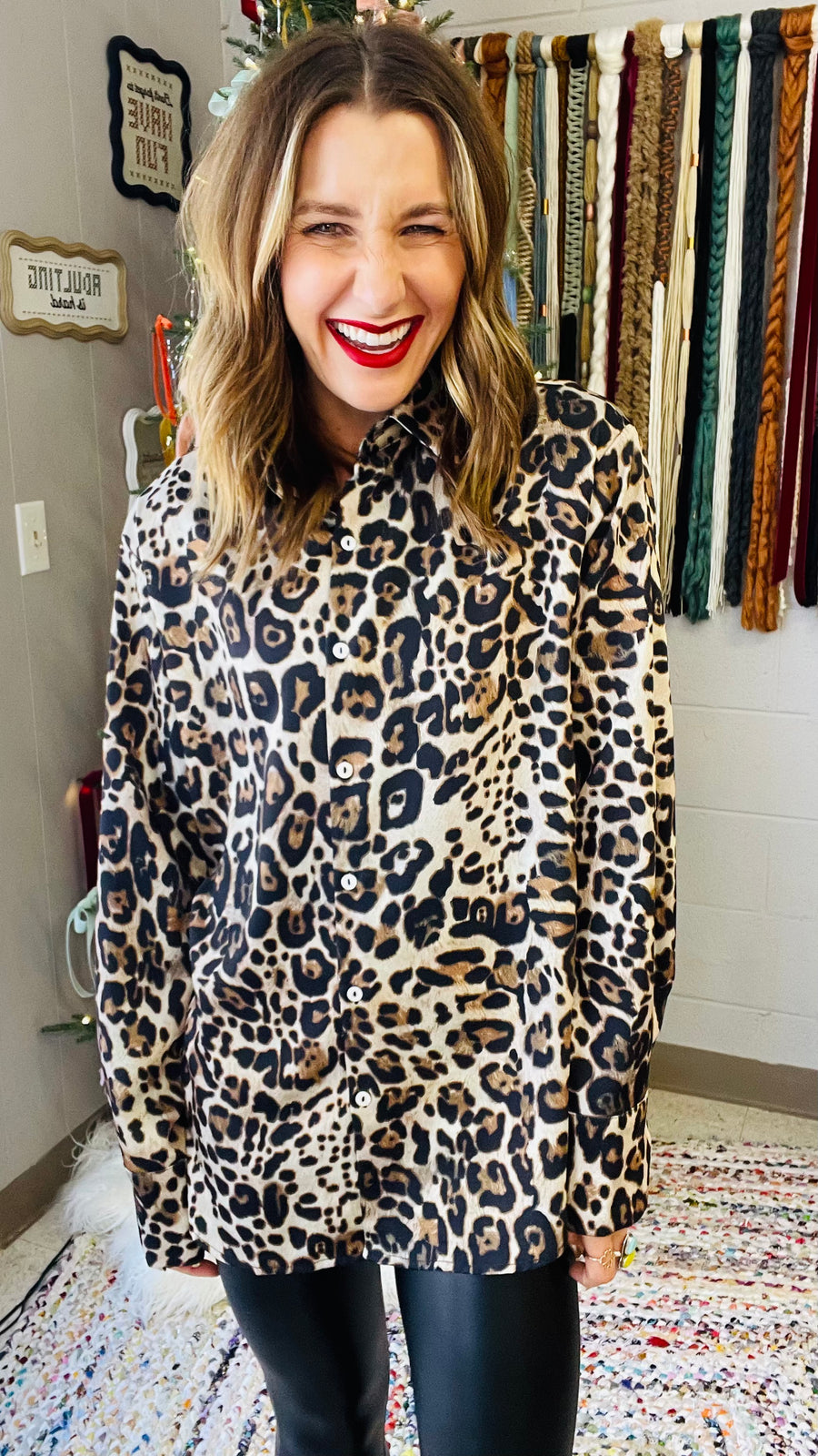 Satin Leopard Print Button-Down Blouse