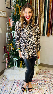 Satin Leopard Print Button-Down Blouse