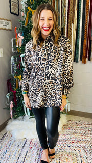 Satin Leopard Print Button-Down Blouse