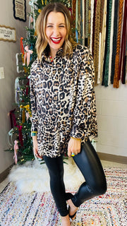 Satin Leopard Print Button-Down Blouse