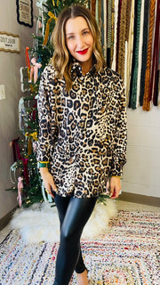 Satin Leopard Print Button-Down Blouse