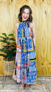 Lily Mixed Pattern Tiered Maxi Dress- Blue Combo