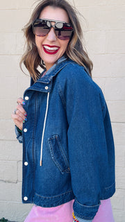 Oversized Raglan Sleeve Denim Jacket- Dark Wash