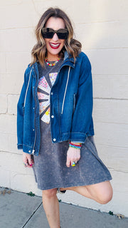 Oversized Raglan Sleeve Denim Jacket- Dark Wash