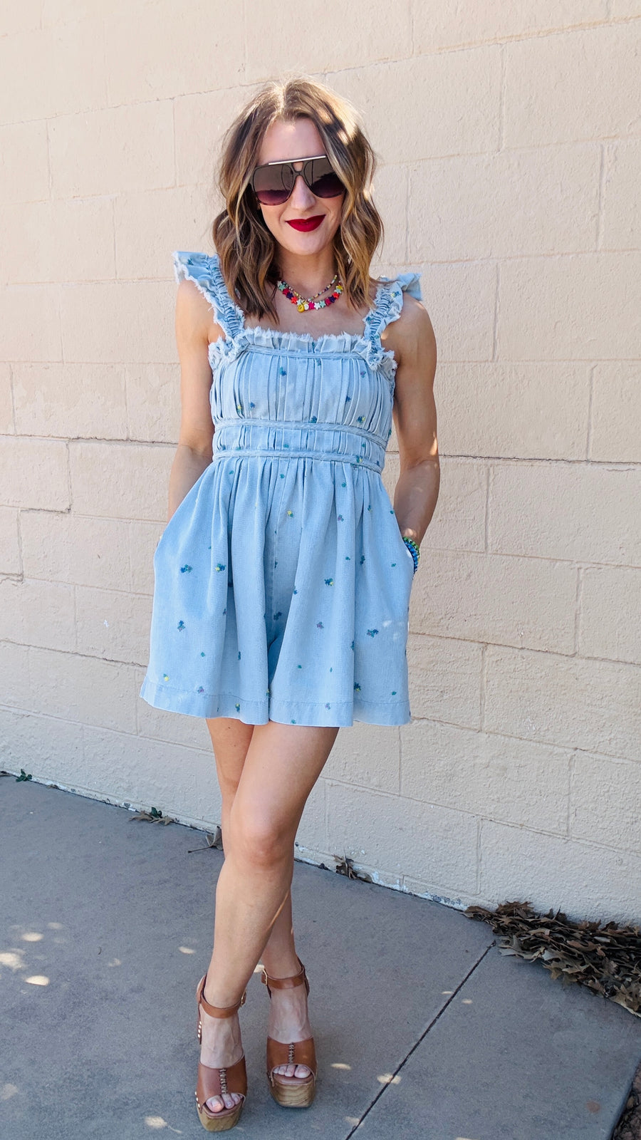 Piper Floral Embroidered Denim Romper