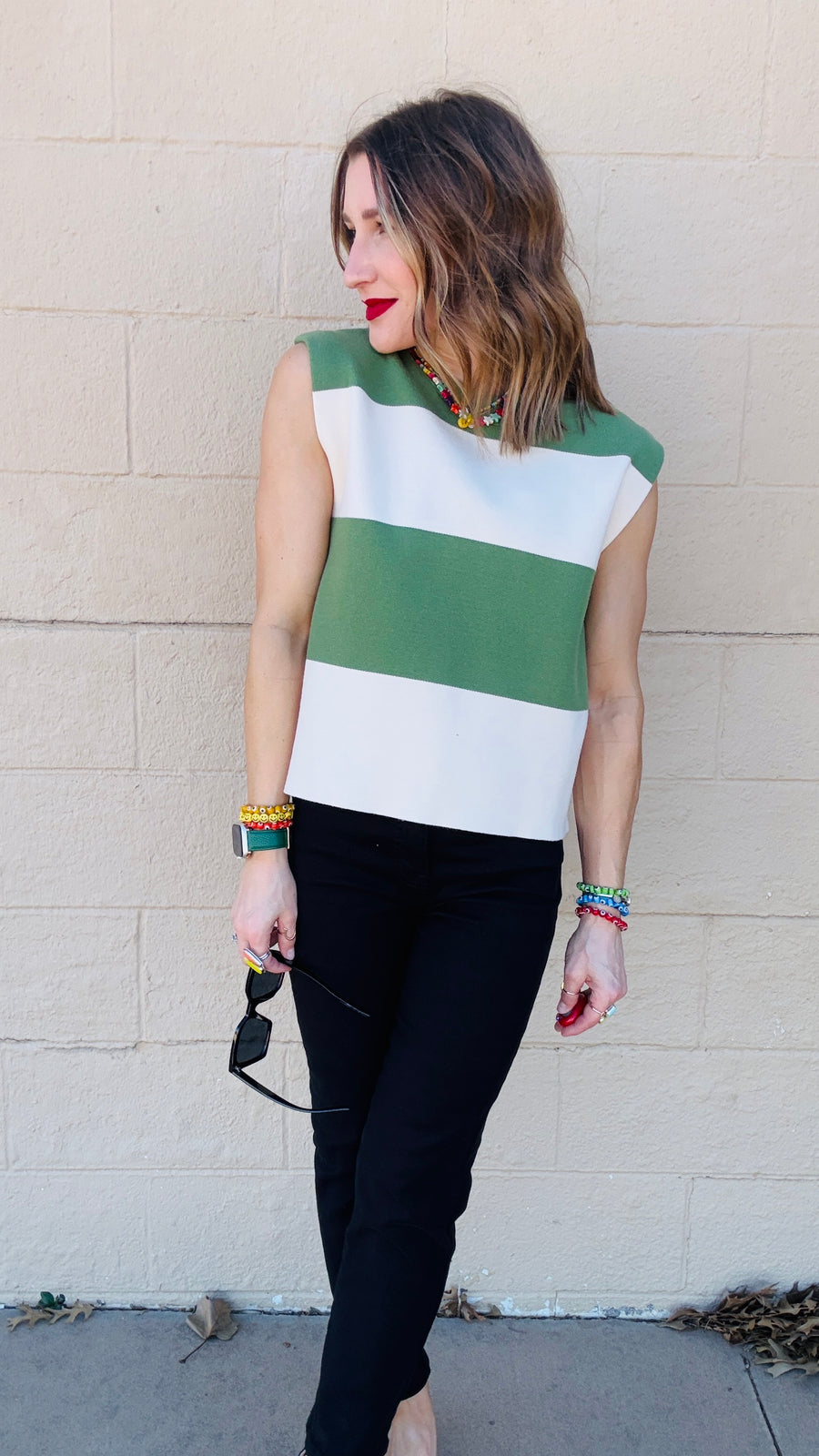 Avery Color Block Knit Cap Sleeve Top- Basil