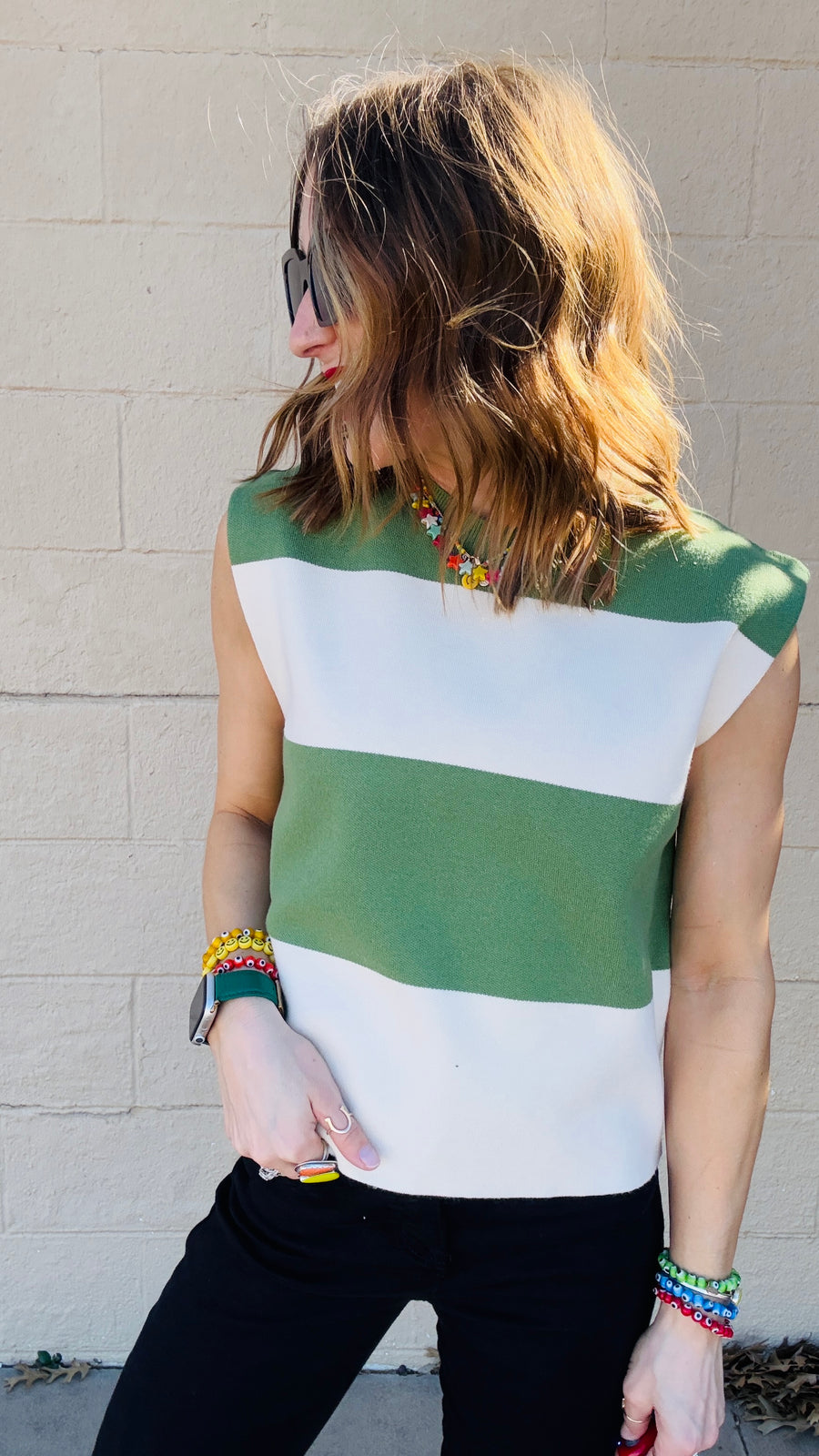 Avery Color Block Knit Cap Sleeve Top- Basil