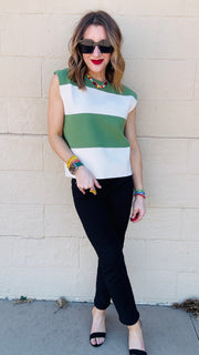 Avery Color Block Knit Cap Sleeve Top- Basil