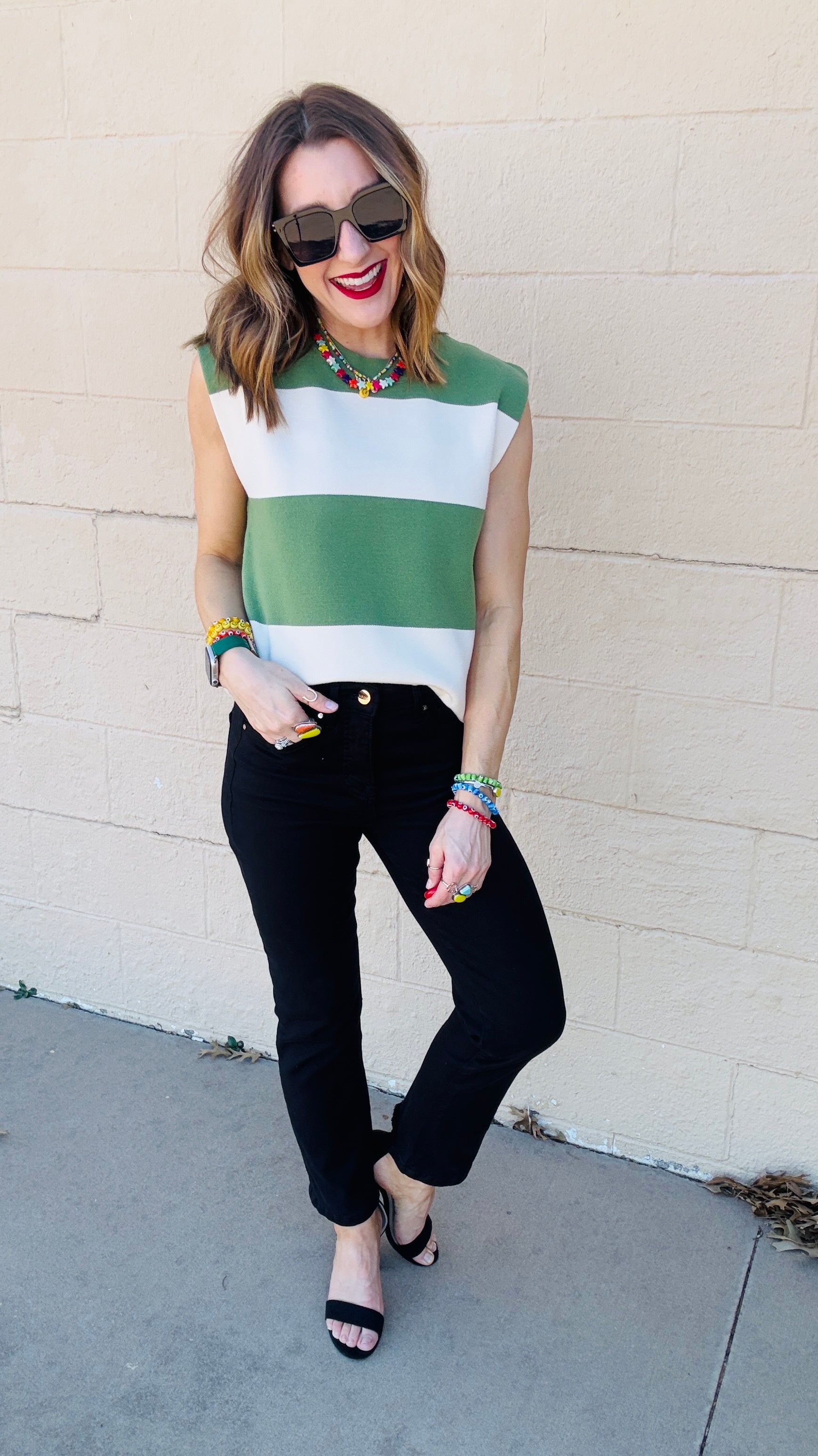 Avery Color Block Knit Cap Sleeve Top- Basil