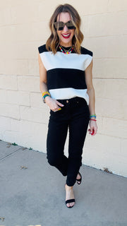 Avery Color Block Knit Cap Sleeve Top- Black