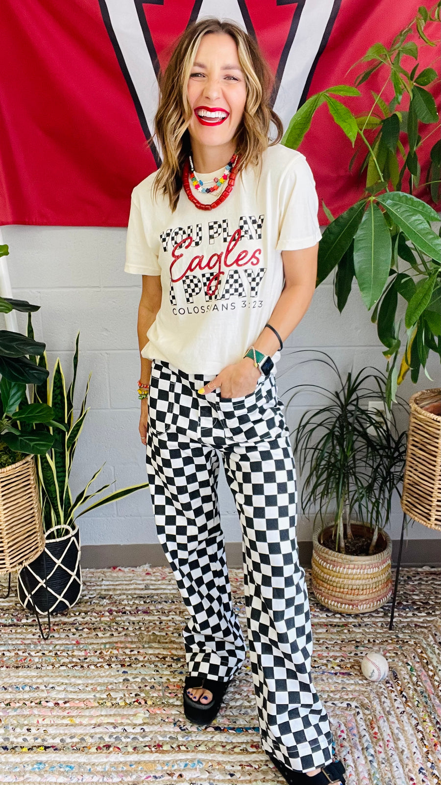 Off to the Races Checkered Straight Leg Pants- Black