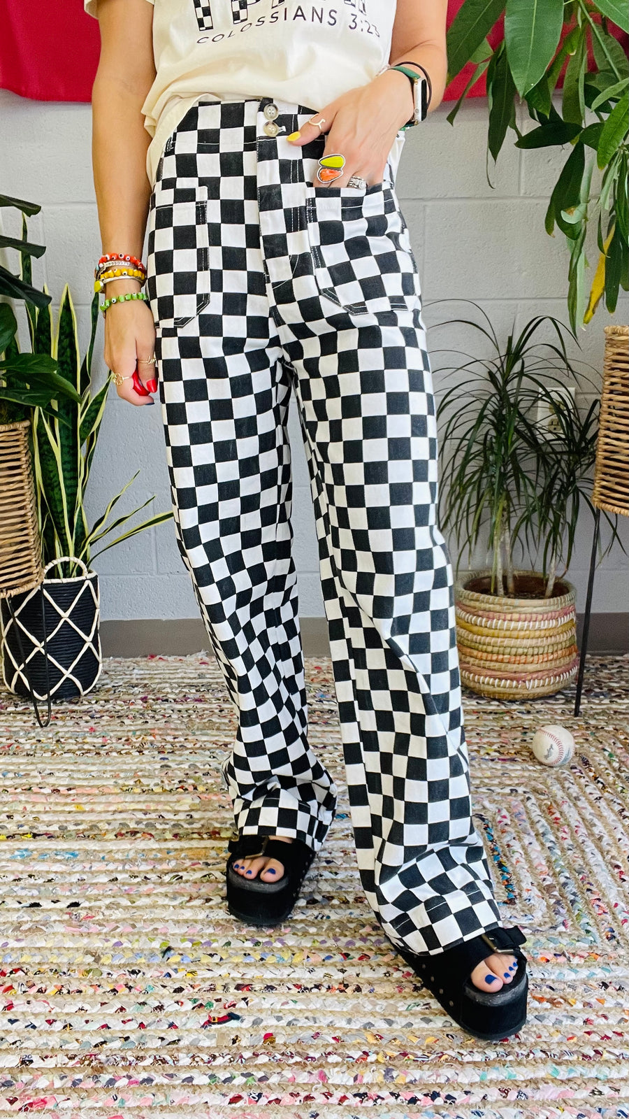 Off to the Races Checkered Straight Leg Pants- Black