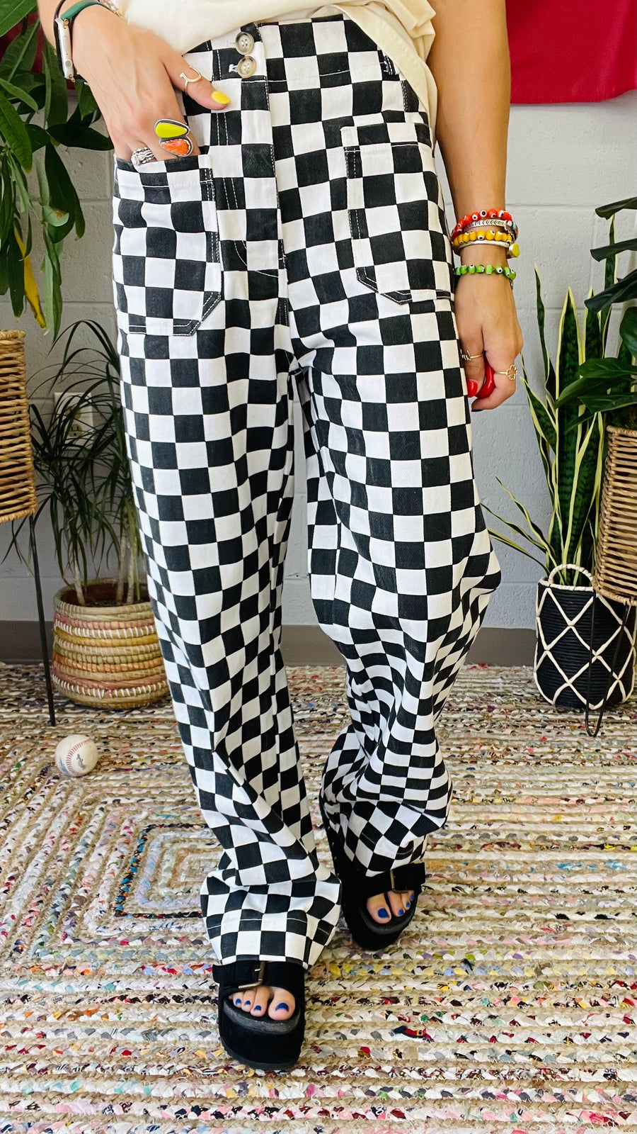 Off to the Races Checkered Straight Leg Pants- Black