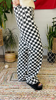 Off to the Races Checkered Straight Leg Pants- Black