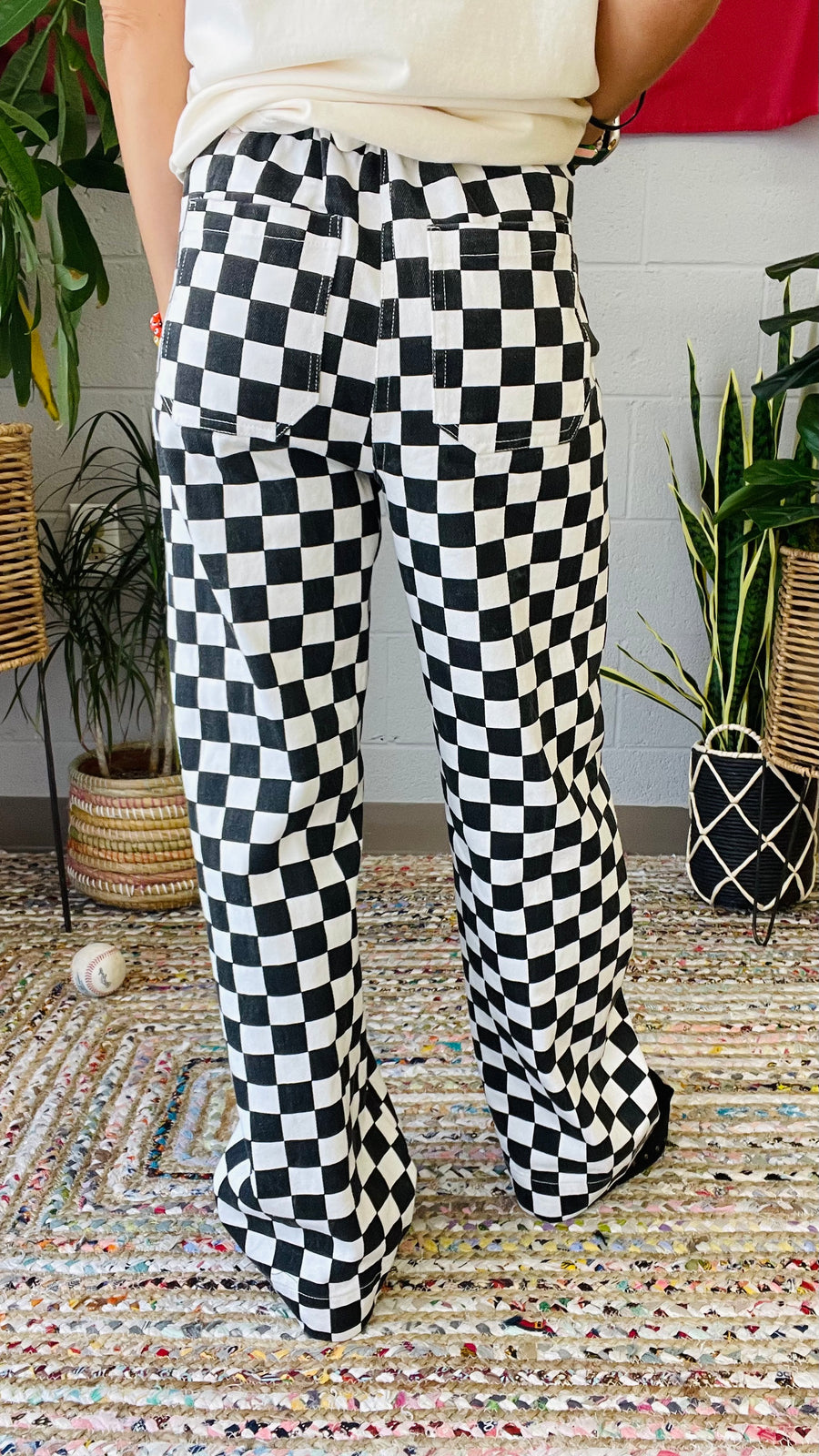 Off to the Races Checkered Straight Leg Pants- Black