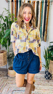 Multi Floral Patchwork Button-Up Blouse