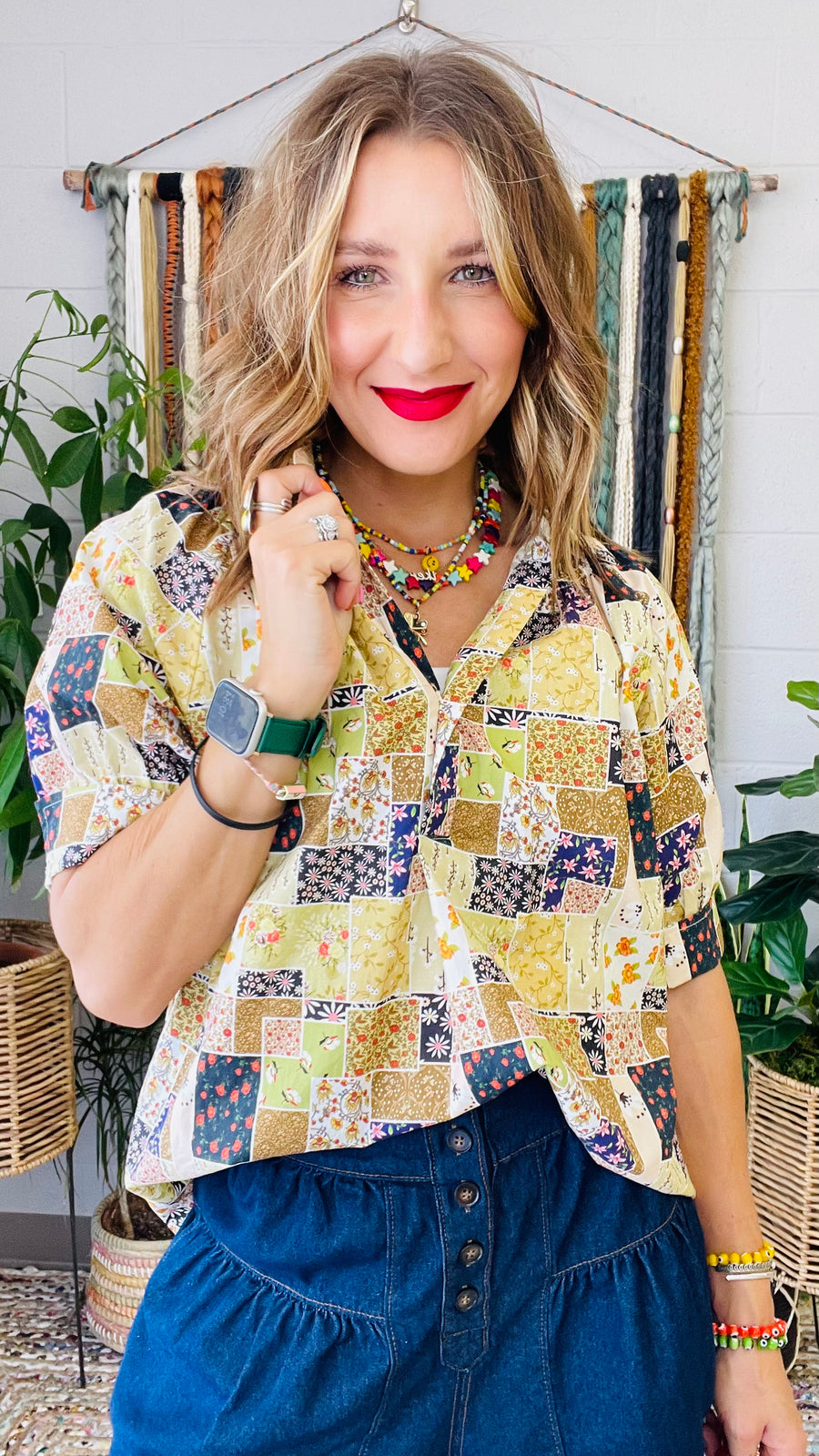 Multi Floral Patchwork Button-Up Blouse